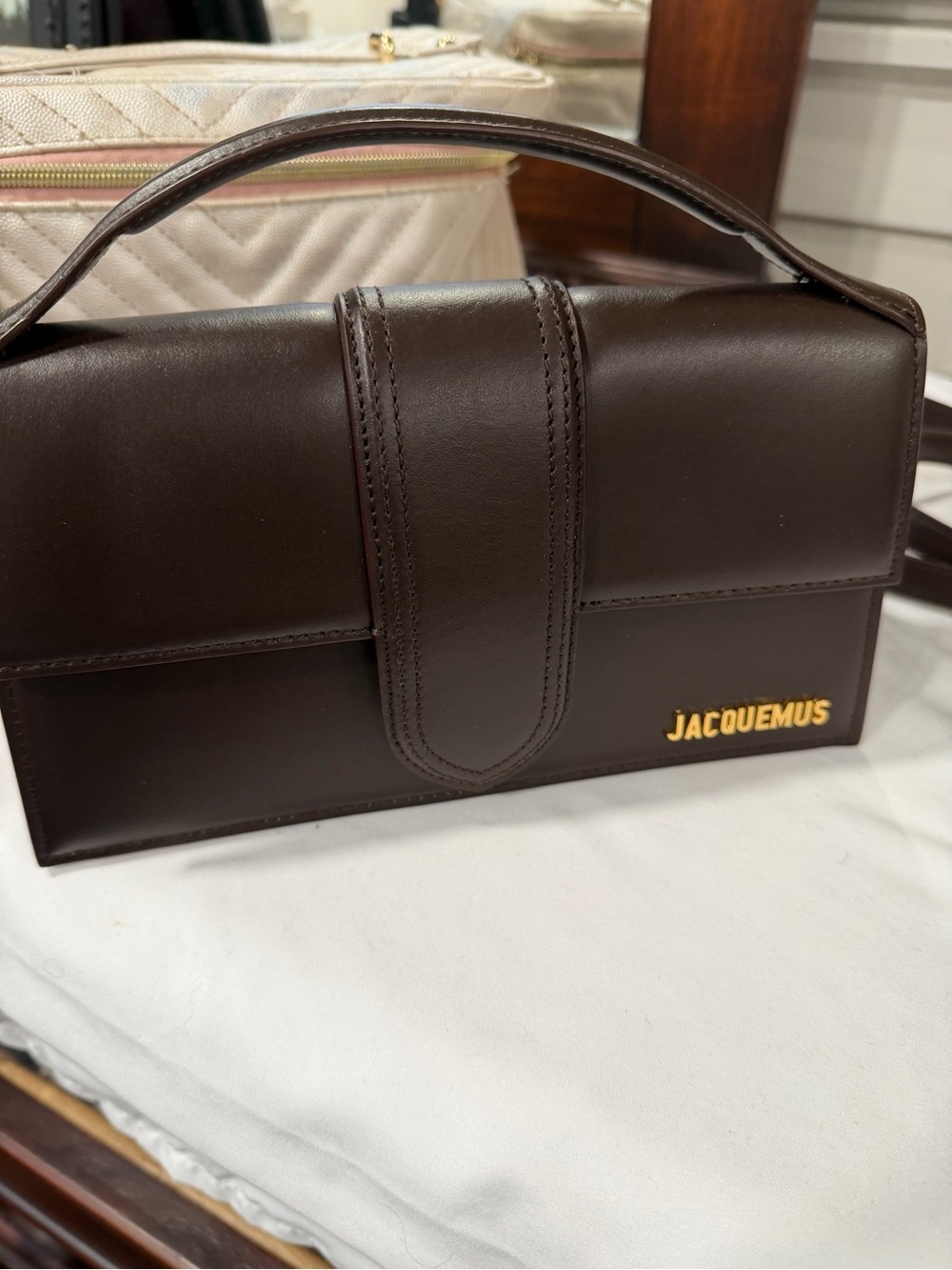 Jacquemus Chocolate Brown Leather Messenger Bag with Gold Logo